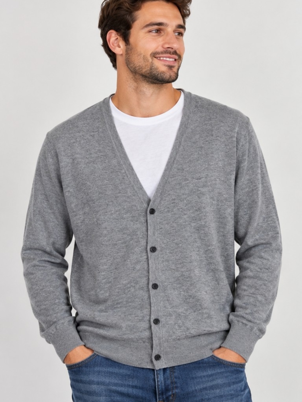 H&M Men's XL Gray Cardigan Sweater 100% Cotton V-Neck Button Front Lightweight